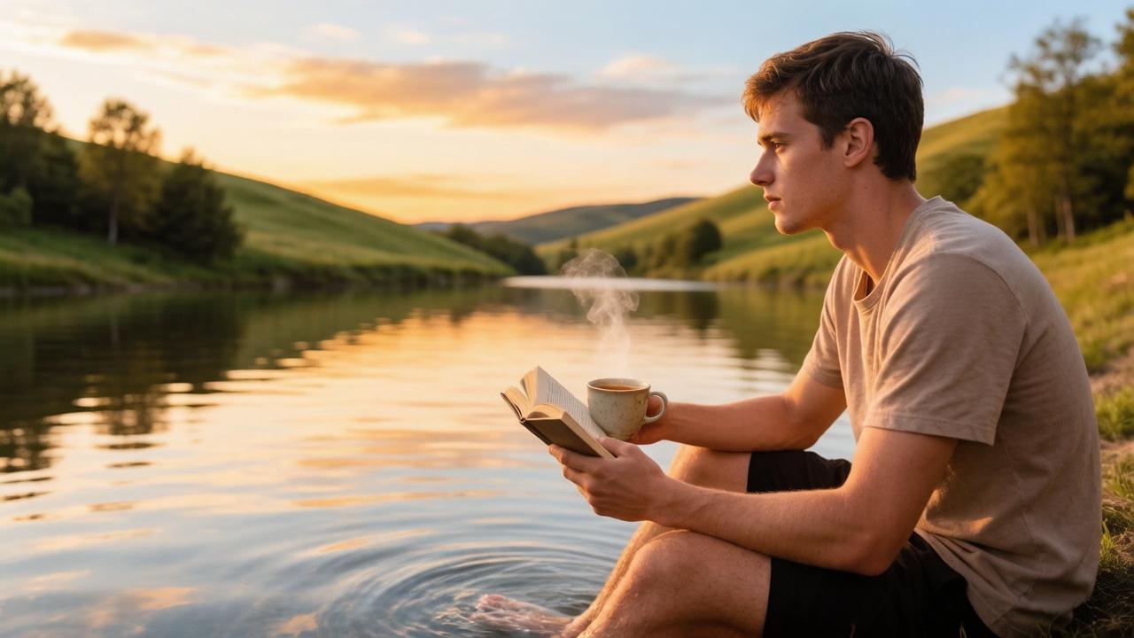 Человек на берегу водоёма с книгой в руках — иллюстрация к совету дня о водных процедурах.